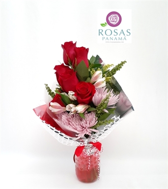 MJ-012 VAL Ramo en frasco con 6 rosas (escoger color)