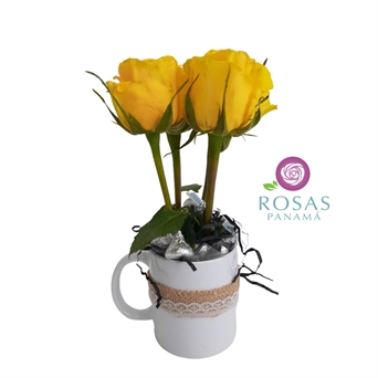MUG-046amarillo Taza con 4 rosas y chocolates